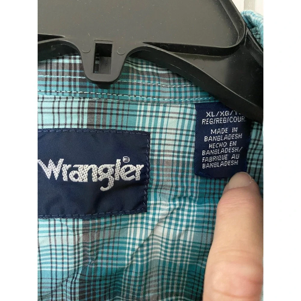 Wrangler Western Snap Shirt Kids XL Teal Plaid Cowboy Rodeo Logo Boho